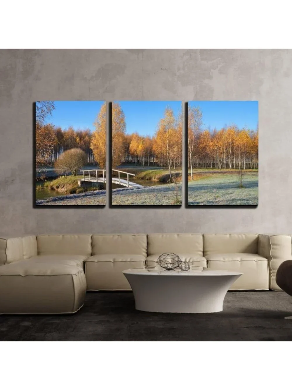3 Piece Canvas Wall Art Set - Autumn Country Landscape with Bridge - Framed